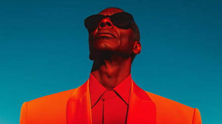 Fashionable african american man in red jacket and sunglasses on blue background.の素材