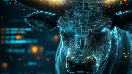 Digital illustration of a cow in digital background. 3d rendering.の素材