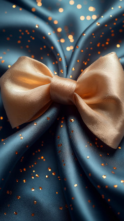 Close-up of a satin bow on a blue silk backgroundの素材