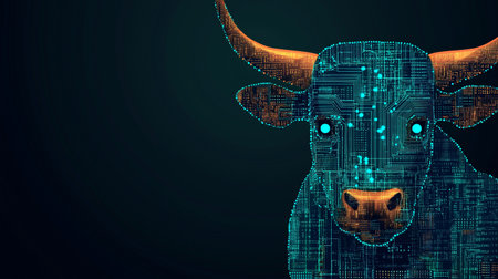 Abstract digital bull head with circuit board background. 3D Renderingの素材