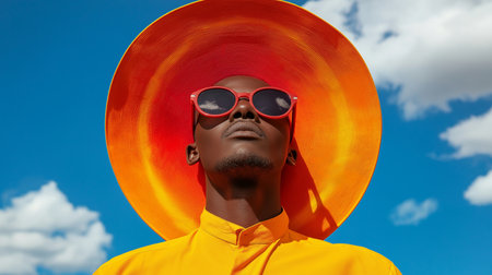 African american man in hat and sunglasses on blue sky background.の素材