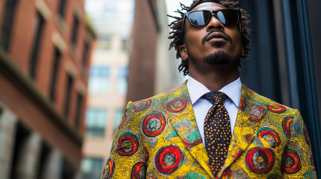 African american man in sunglasses and yellow jacket walking in the cityの素材