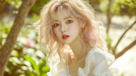 Portrait of a beautiful girl with pink hair in a white dress in the gardenの素材