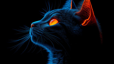 Blue cat with red eyes on black background. 3D illustration.の素材