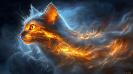 Fantasy cat with fire and smoke on dark background. Vector illustration.の素材
