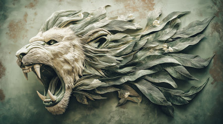 Vintage lion head with green leaves on grunge metal background.の素材