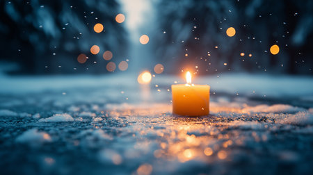 Candle in the snow with bokeh background. Christmas and New Year concept.の素材