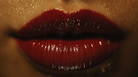 Close up of a woman's lips with red lipstick. Makeup and cosmetics concept.の素材