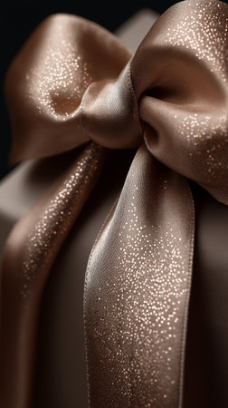 close up of a brown satin ribbon bow on a black backgroundの素材