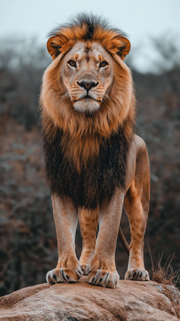 Male lion standing on a rock in the savannah of Zimbabwe, Africaの素材