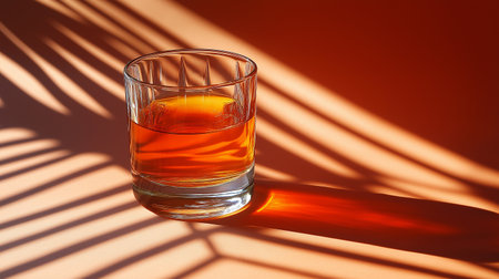 Glass of whiskey on a colored background with shadows from palm leaves.の素材
