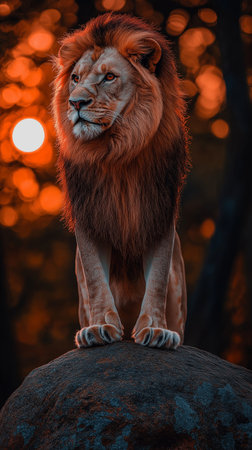Portrait of a lion on a rock in the dark forest.の素材