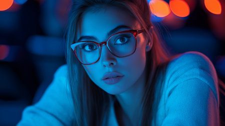 Portrait of a beautiful young woman in glasses. Night city.の素材