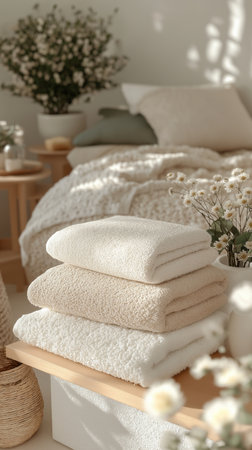 Stack of clean towels on shelf in room, closeup. Interior designの素材