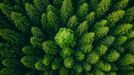 Aerial view of green coniferous forest in summer. Drone photographyの素材