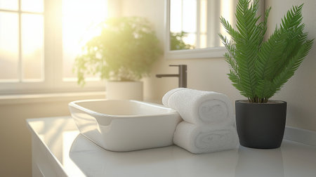 Bathroom interior with sink, towel and plant. 3d renderの素材