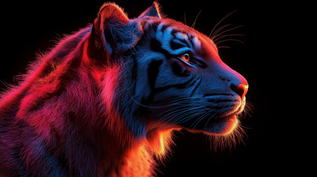 Portrait of a tiger on a black background in red and blue lightの素材