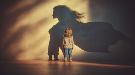 Little girl and her mother in the shadow of a giant super heroの素材