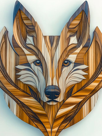 Wooden fox head with abstract pattern on white background. 3d illustrationの素材