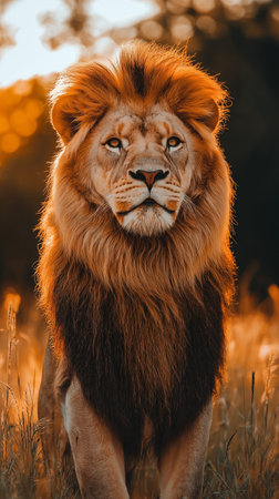 Portrait of a male lion in the savannah at sunset.の素材