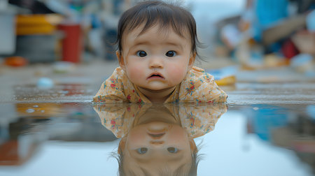 Portrait of cute asian baby girl with reflection in water.の素材