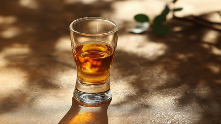 Tequila shot with sunbeams and shadows on light backgroundの素材