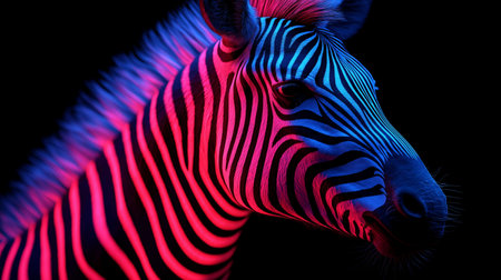 Zebra head in red and blue neon light on black background.の素材