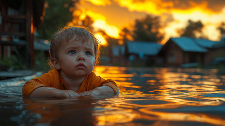 Cute little boy swimming in the pool at sunset. Summertimeの素材