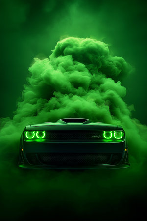 3D rendering of a fantasy car with green neon lights and smokeの素材