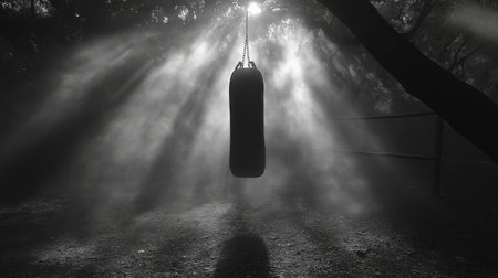 Black and white photo of a punching bag in a dark forest.の素材