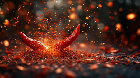 Red hot chilli pepper explosion on black background. 3d renderingの素材