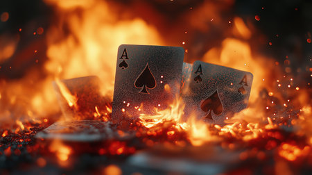 3d illustration of a pair of playing cards on a fire backgroundの素材