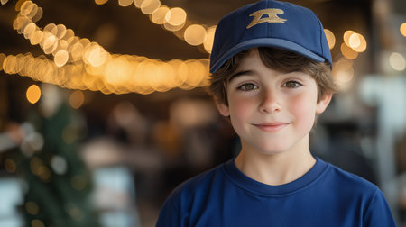 Portrait of smiling boy wearing cap in cafe at christmas timeの素材