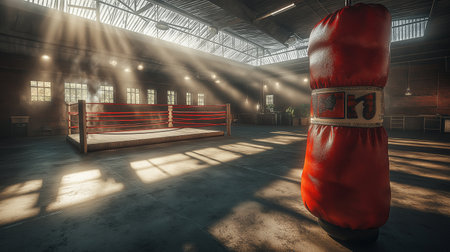 Boxing ring with red boxing gloves in gym. 3D renderingの素材