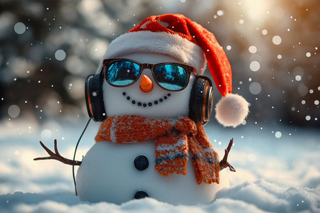 Funny snowman with headphones listening to music. Christmas concept.の素材