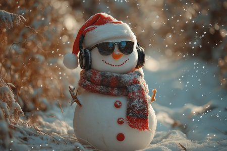 Snowman with headphones and scarf in the winter forest. Christmas concept.の素材