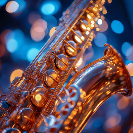Close up shot of a saxophone with colorful bokeh backgroundの素材