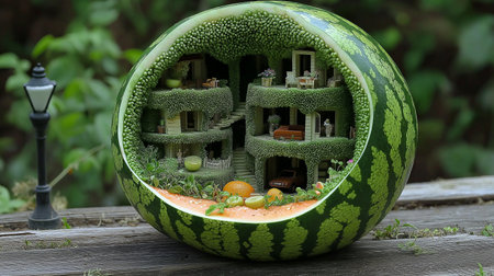 Ceramic model of a watermelon in the shape of a houseの素材