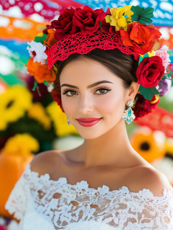Beautiful girl in a wreath of flowers on her head.の素材