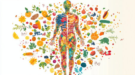 Healthy lifestyle. Vector illustration of human body made of vegetables and fruits.の素材