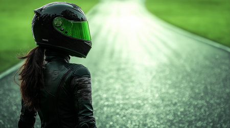 Racing biker woman in sport helmet on asphalt road background.の素材