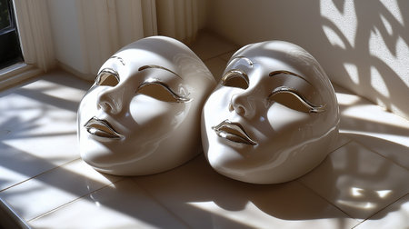 White masks with the theatre concept. 3D Rendering, 3D illustration.の素材