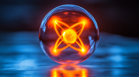 Atom in a crystal ball on a dark background. 3d illustrationの素材