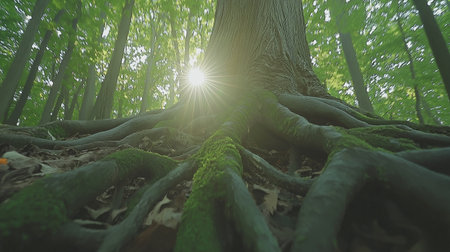 Sun rays shining through the branches of a tree in a green forestの素材
