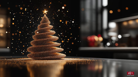 Christmas tree made of golden sparkles on dark background. 3d renderingの素材
