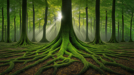Beautiful green forest with big tree roots. 3D render.の素材