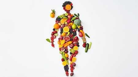 Fruits and vegetables in the shape of a woman on a white backgroundの素材