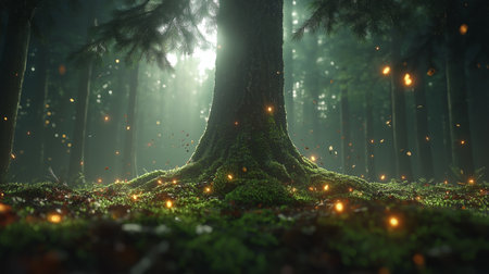 Mystical dark forest with fog and light. 3D renderingの素材