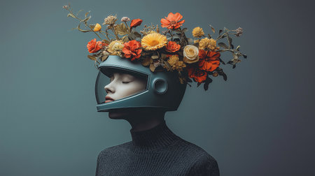 Artificial intelligence concept. Portrait of a female robot with artificial flowers in her hair.の素材
