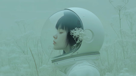 Astronaut girl in the winter forest. 3d rendering.の素材